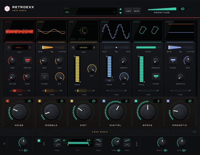 The Retroexx editor: six module columns with their screens and knobs, a preset window in the header and a master strip at the bottom.