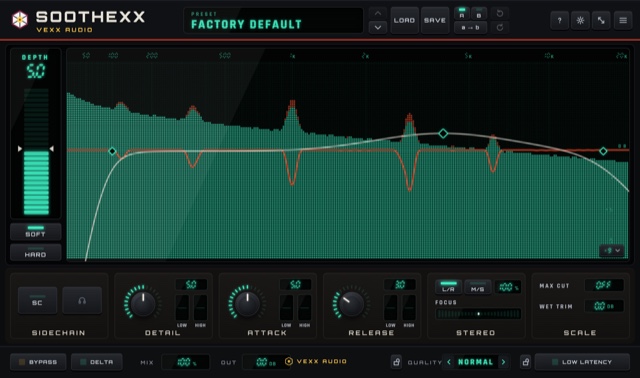 The soothexx editor: a spectrum analyser with the reduction curve drawn over it, four notches cutting the peaks and the control plates below.